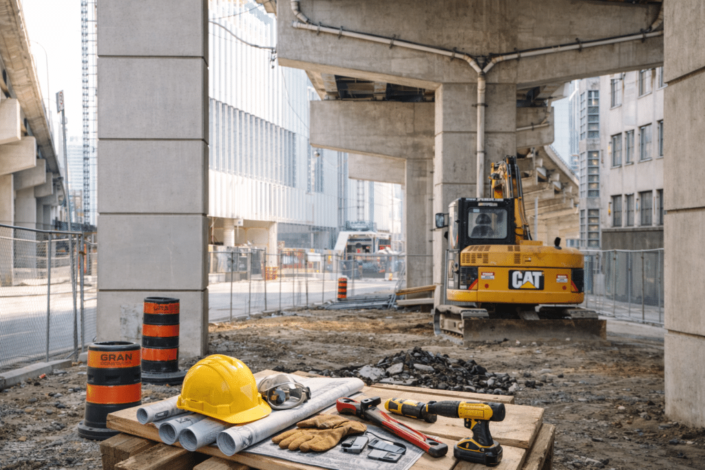 Construction site under concrete overpass with excavator, safety barrels, and tools on workbench, no people visible